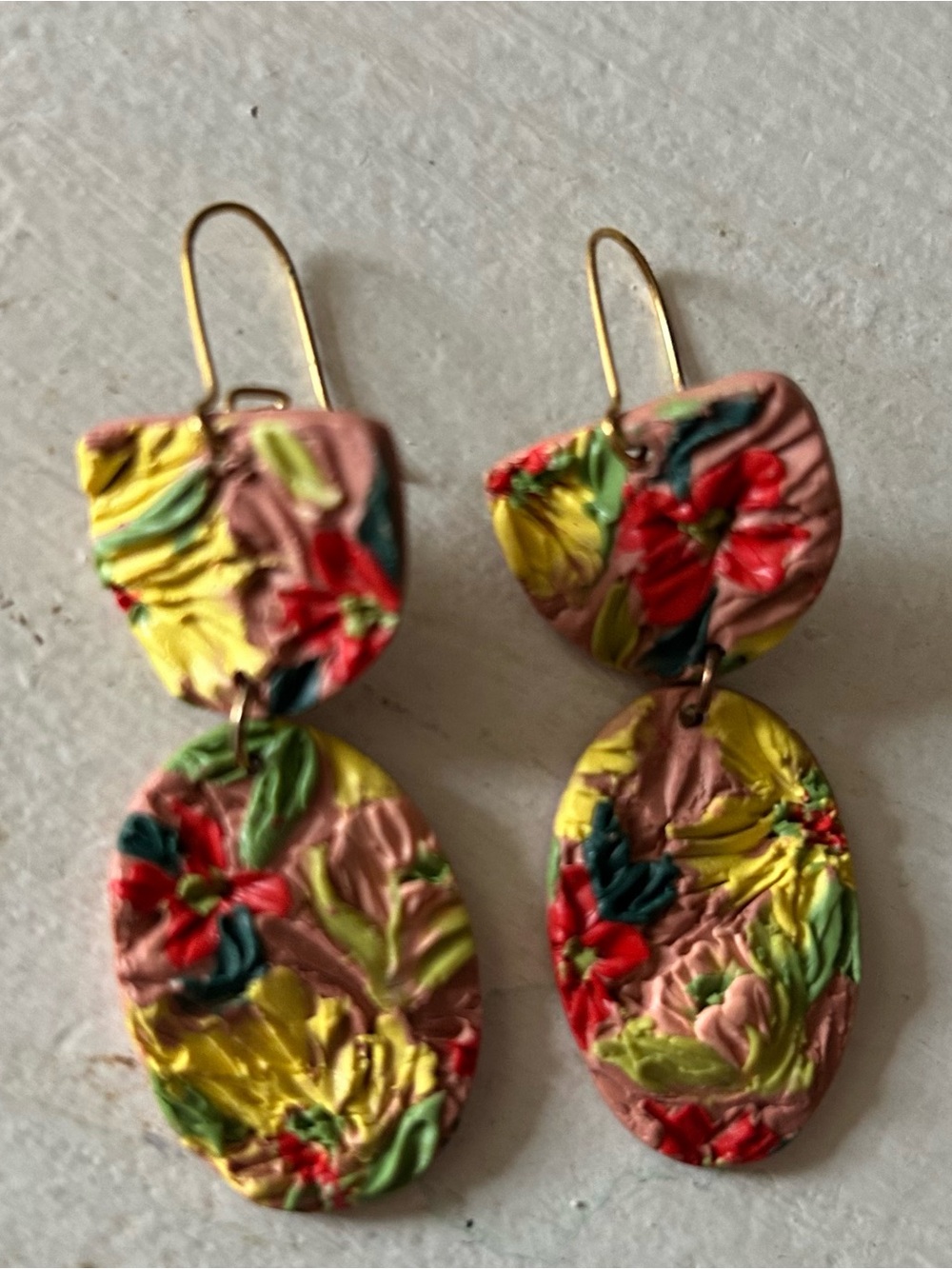 Handmade Floral Dangle Earrings with Yellow & Red impressionist paint style